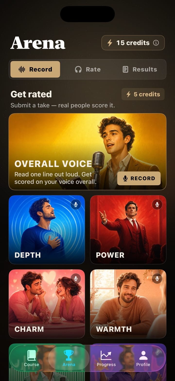 The Voicemaxx AI Arena screen, where you record a clip for real people to rate