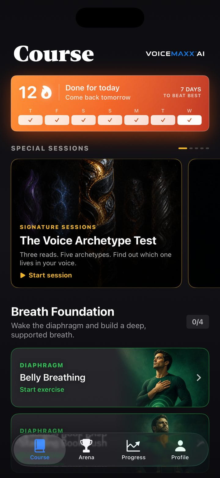 The Voicemaxx AI Course tab on iPhone: a streak card, the Voice Archetype Test and the Breath Foundation lessons