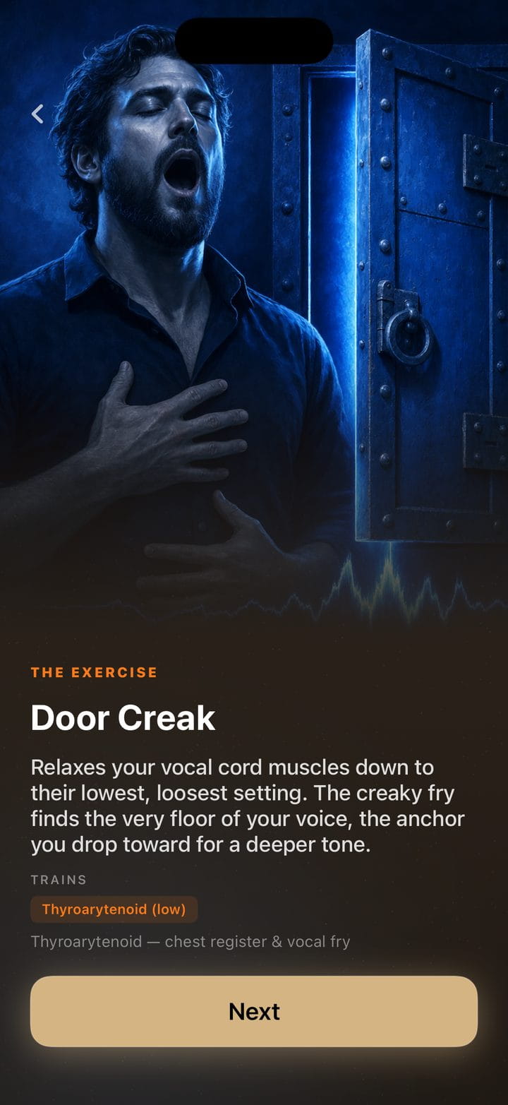 A Voicemaxx AI exercise screen called Door Creak