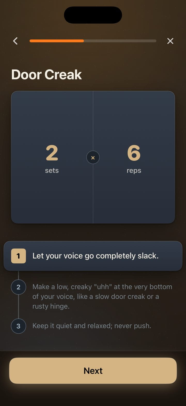 The steps screen for the Door Creak drill in Voicemaxx AI, with sets, reps and three short steps