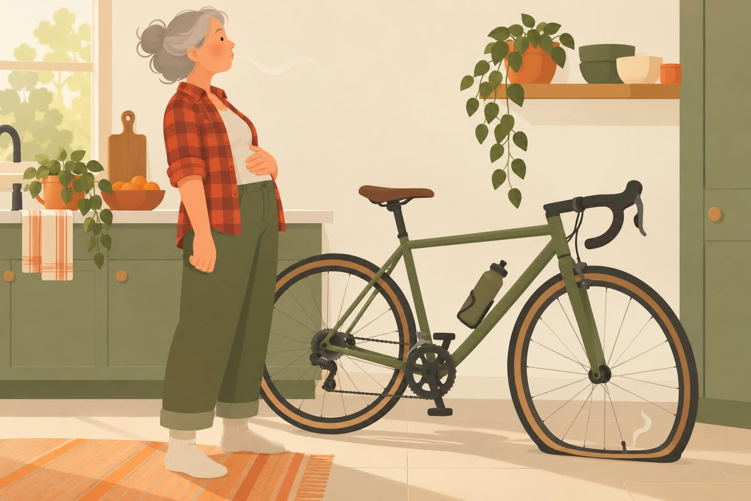 Cartoon of a grey-haired woman in a red flannel shirt hissing out a slow breath, hand on her belly, next to a bicycle with a slowly leaking tyre