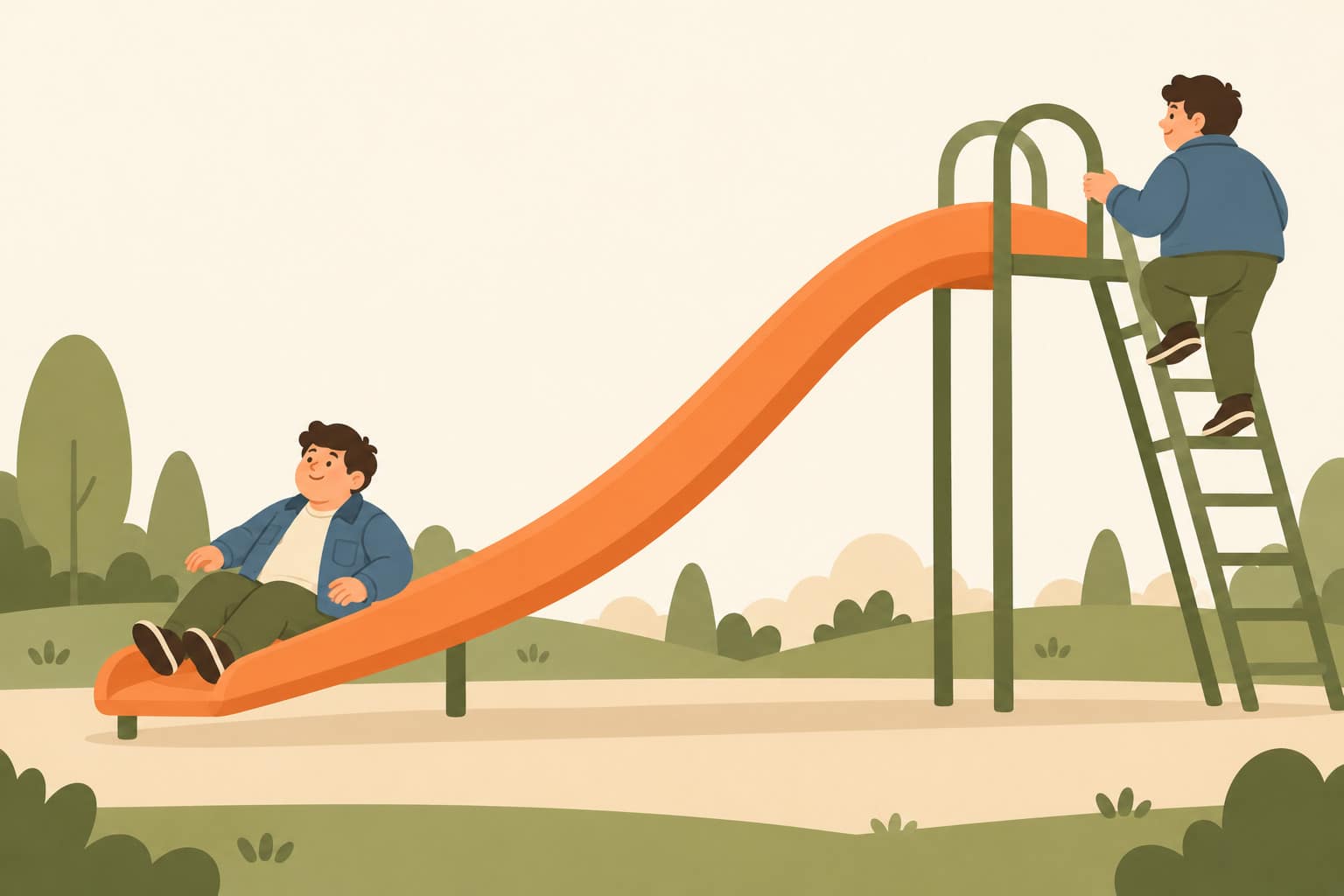 Cartoon of a young man in a denim jacket humming as he rides down a long curving playground slide, then climbing back up