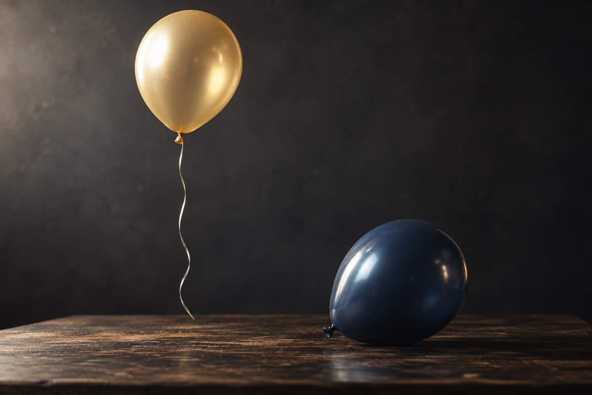 A light balloon floating up next to a heavy balloon resting on a table