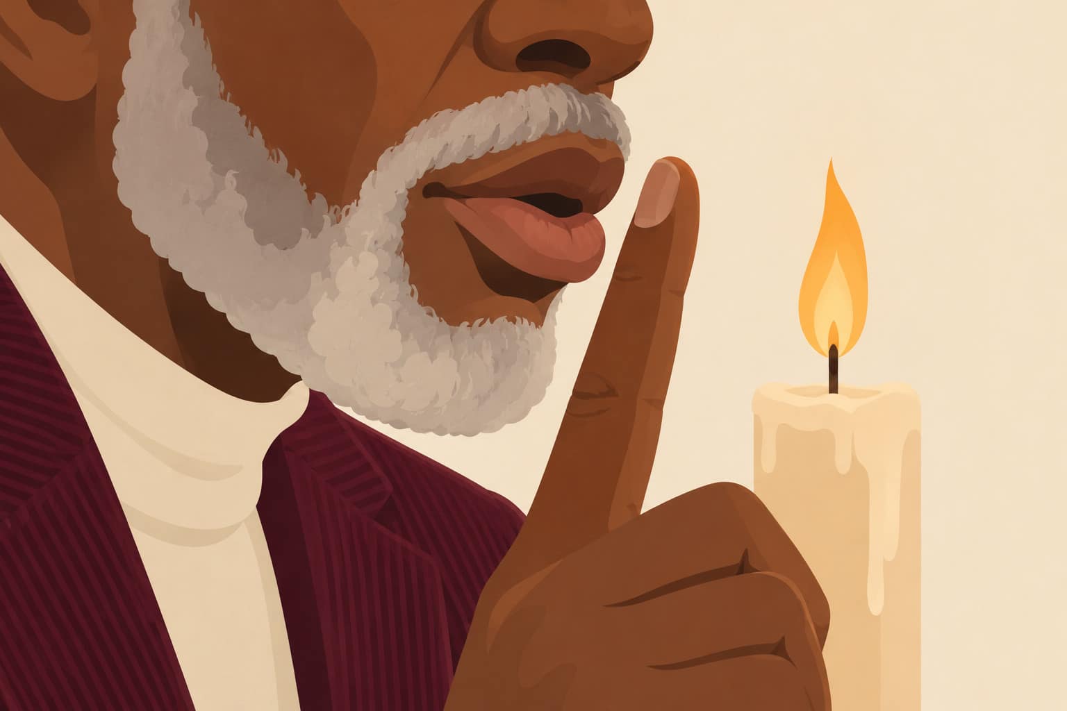 Cartoon close-up of an older man in a corduroy blazer holding a finger like a candle in front of his lips, a real candle flame barely moving beside it