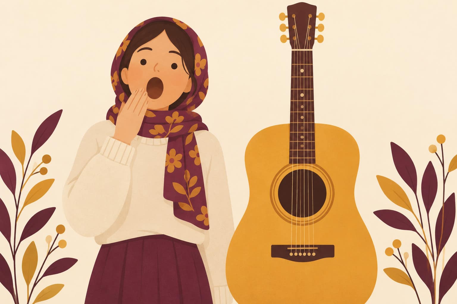 Cartoon of a woman in a headscarf starting a half-yawn beside a giant acoustic guitar whose round sound hole matches her open mouth