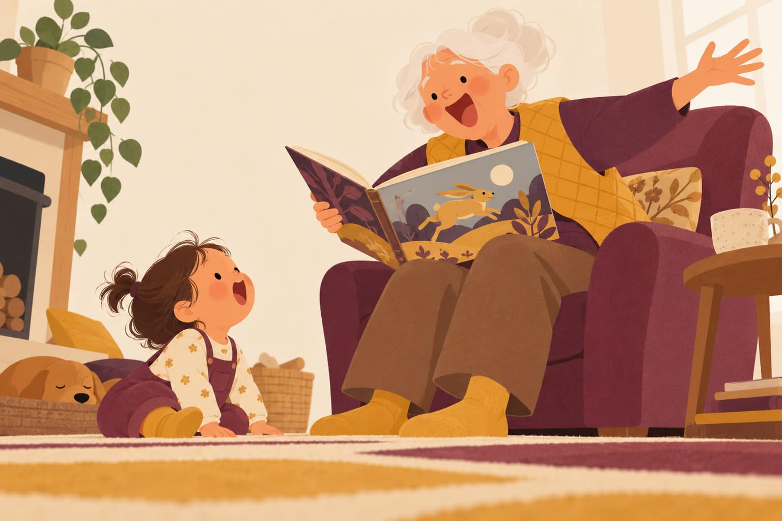 Cartoon of a grandmother in a quilted vest reading a picture book with a big lively face to a wide-eyed toddler