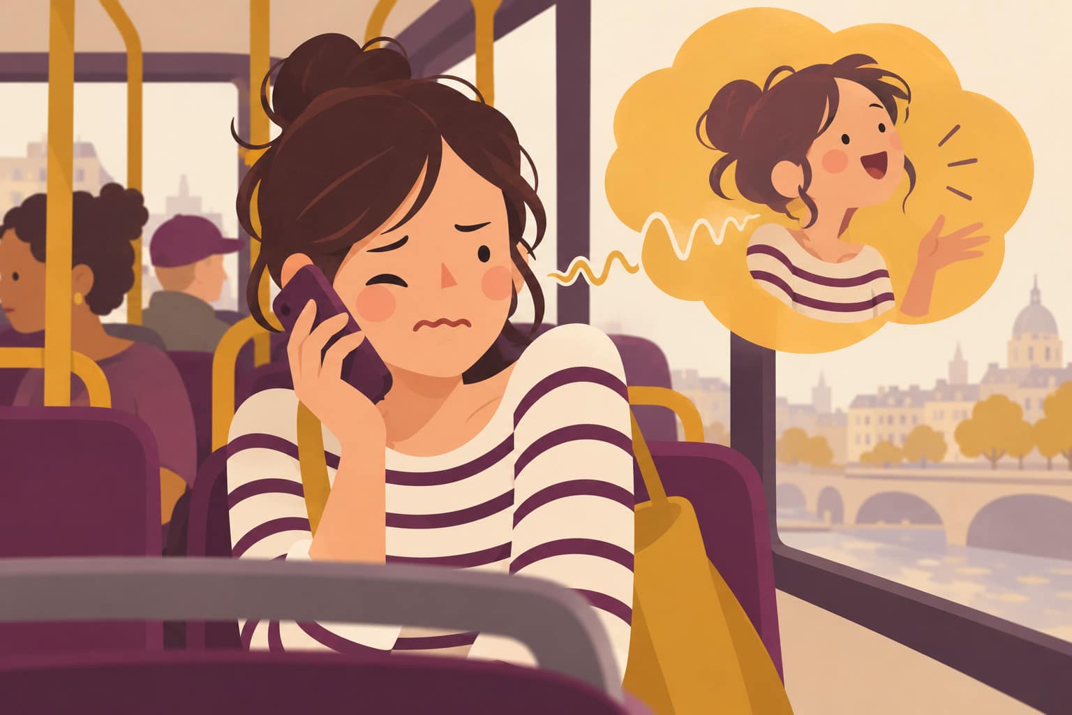 Cartoon of a young woman on a city bus wincing as she plays back her own voice note on her phone
