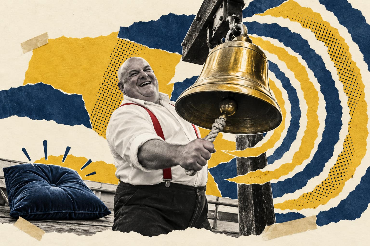 Collage of a bald man in red braces ringing a big brass bell, rings of sound spreading out, a quiet cushion beside him