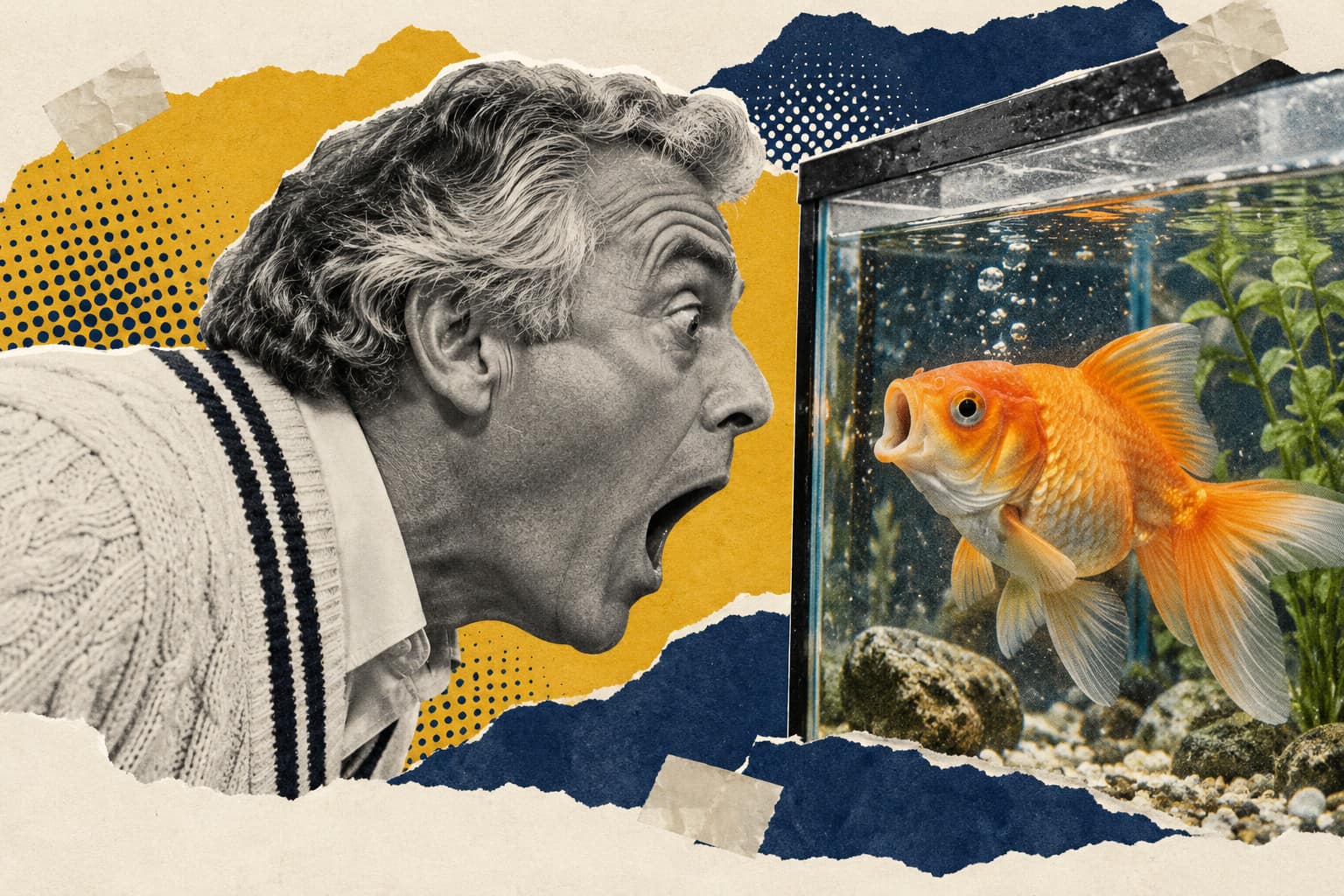 Collage of a grey-haired man in a cricket jumper talking with his mouth wide open to a goldfish through aquarium glass