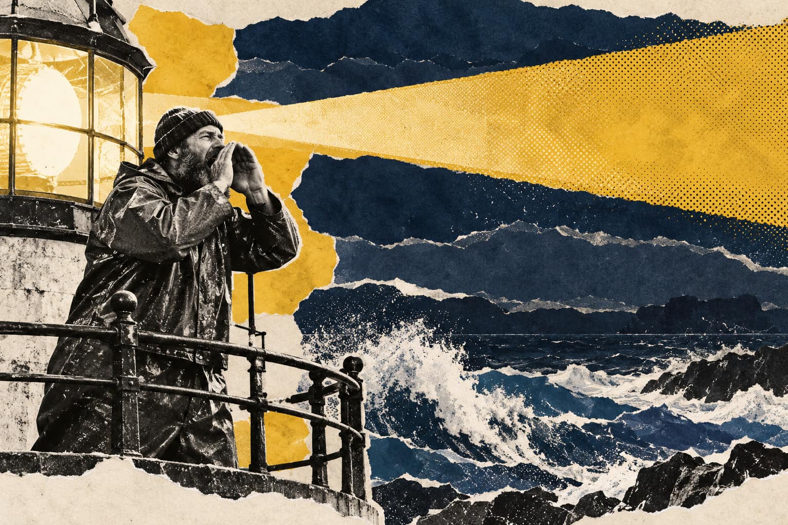 Collage of a bearded lighthouse keeper on the lighthouse gallery shouting out to sea, waves crashing below