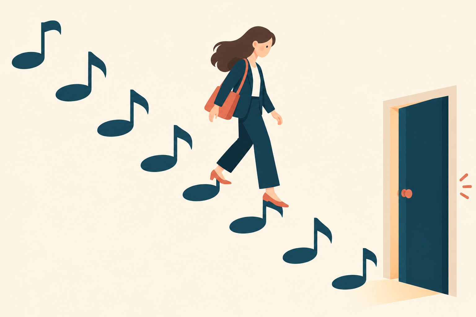 Cartoon of a young woman in a navy blazer walking down a staircase of musical notes toward a closing door