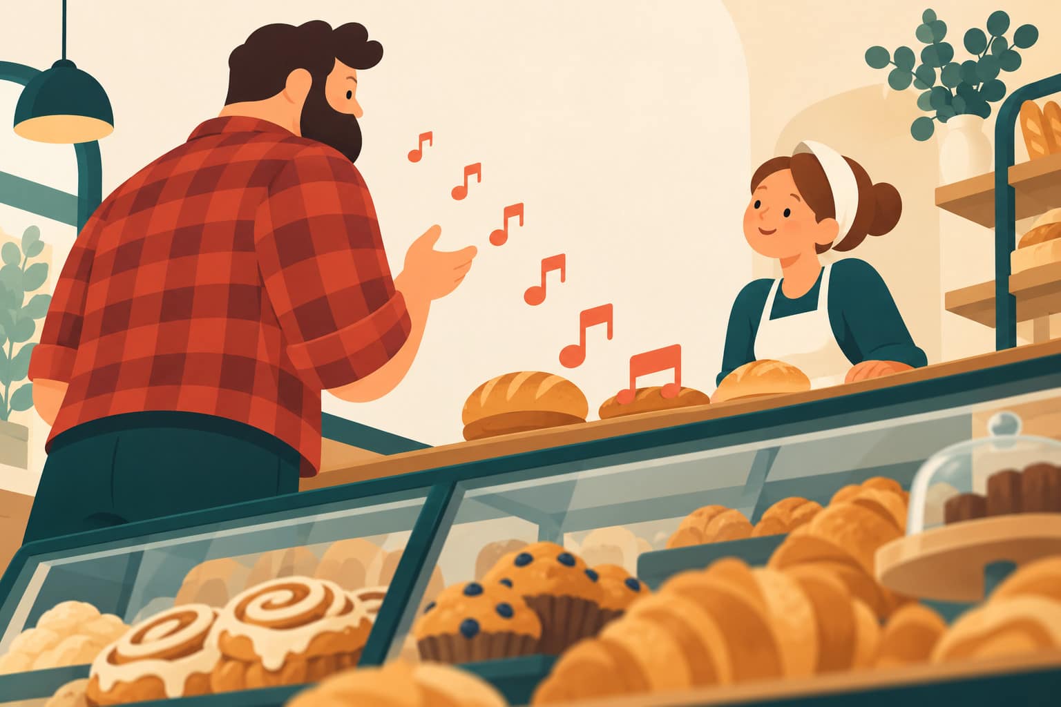 Cartoon of a man in a red flannel shirt ordering at a bakery counter, his words stepping down onto the counter as the baker nods