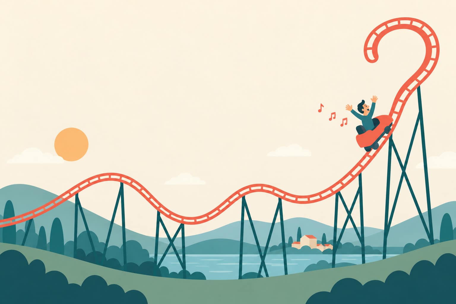 Cartoon of a man in a tiny roller-coaster car on a track that rises into a giant question-mark hook
