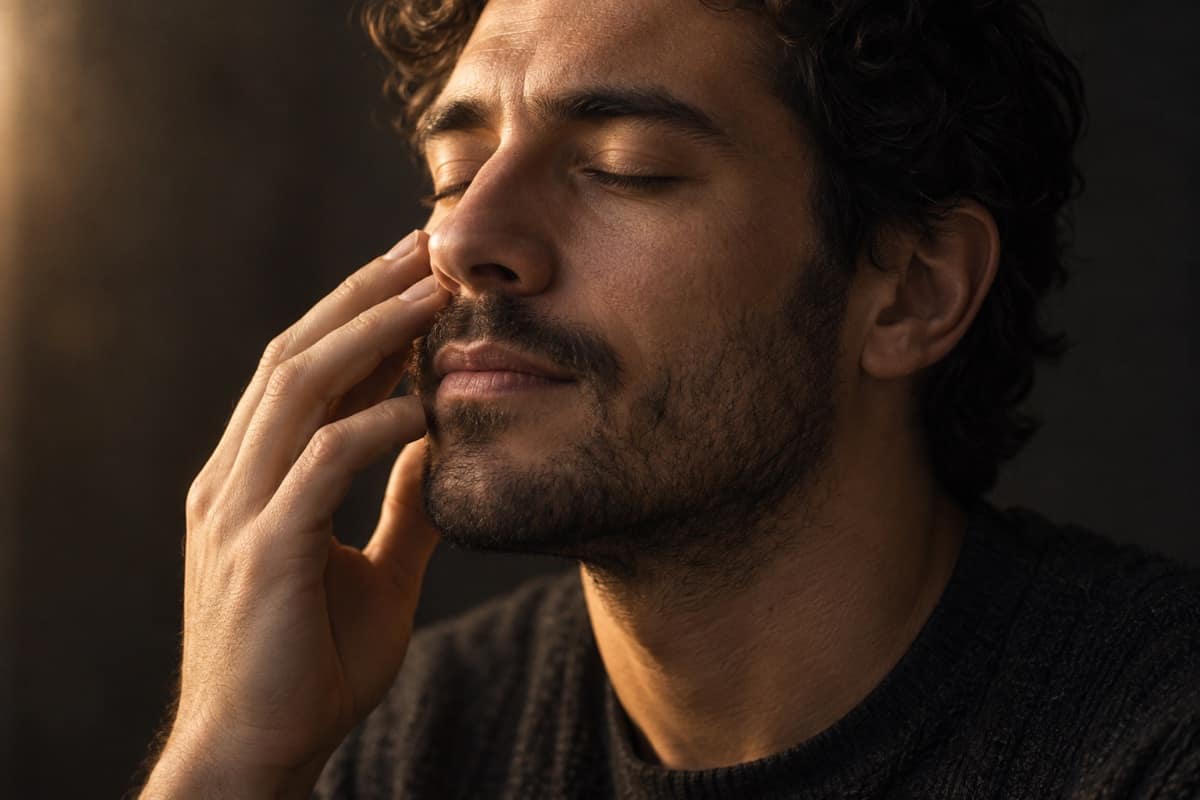 A man with eyes closed humming, fingertips resting by his nose to feel the buzz