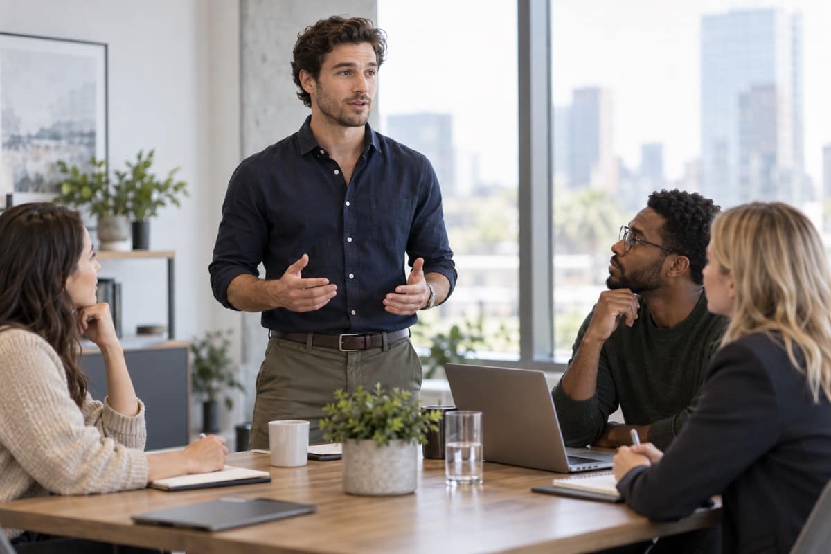 A man speaking with calm authority at a meeting table