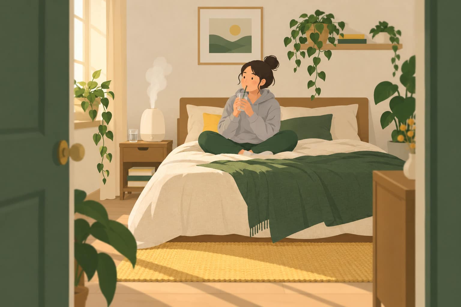 Cartoon of a woman in a grey hoodie on her bed humming through a straw beside a steaming humidifier and a glass of water