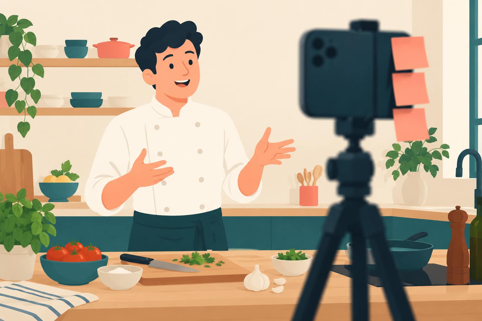 Cartoon of a man in a white chef's jacket filming a cooking video, glancing at three sticky notes beside the phone lens