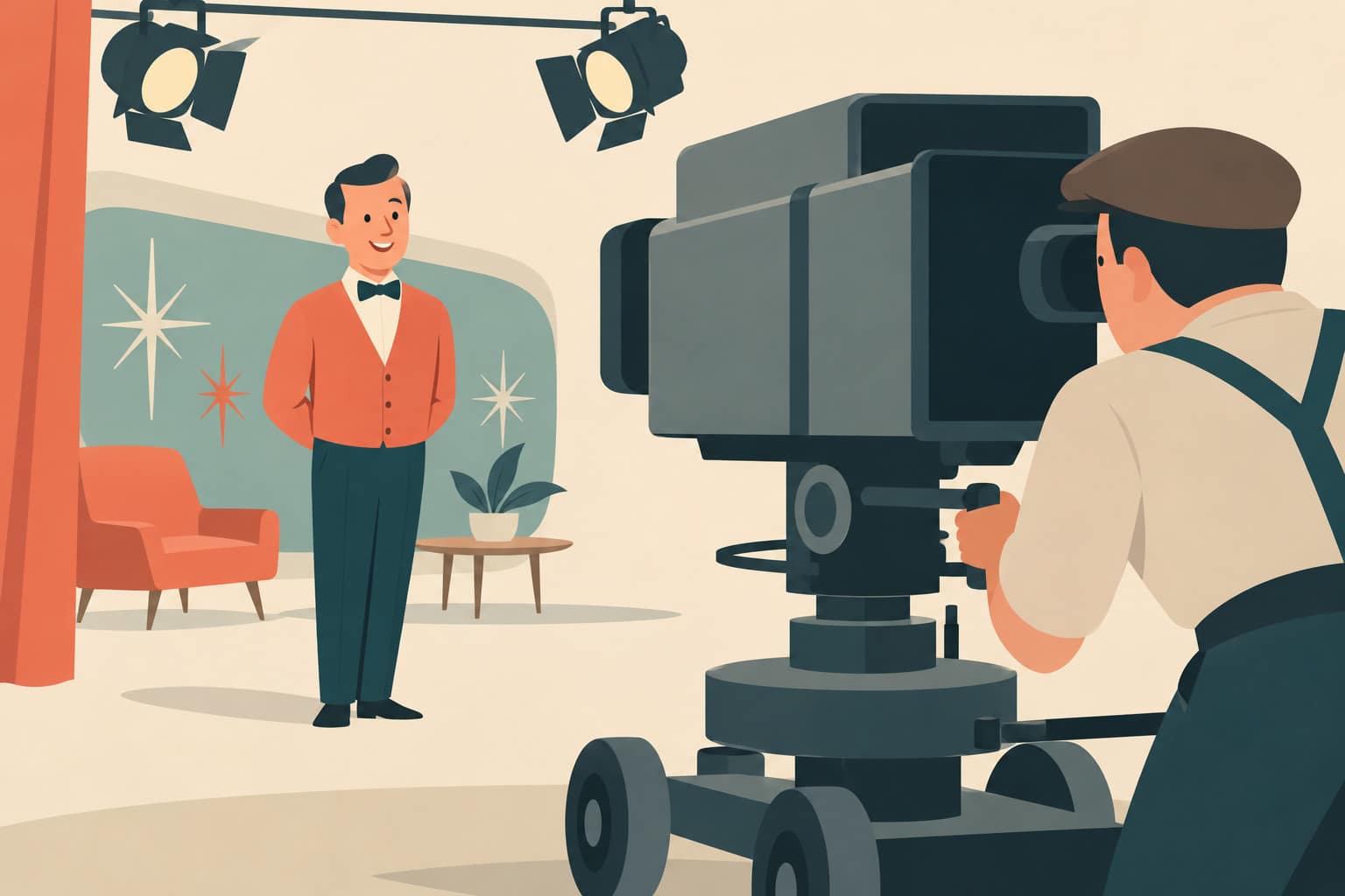 Cartoon of a 1950s TV presenter in a bow tie smiling at a huge boxy vintage camera on a dolly