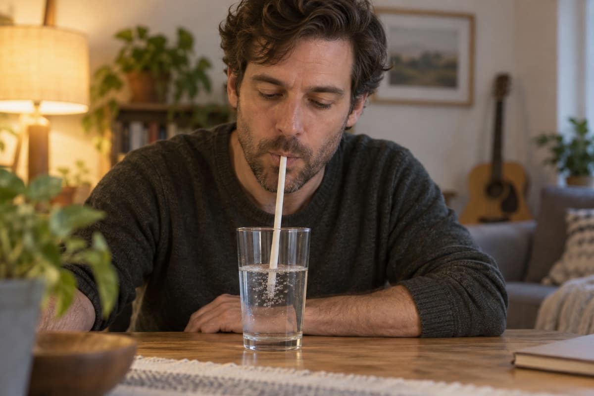 A man humming through a paper straw into a glass of water