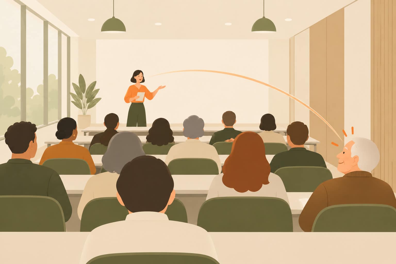 Cartoon of a woman speaking from the front of a long room, her voice arcing to the back row