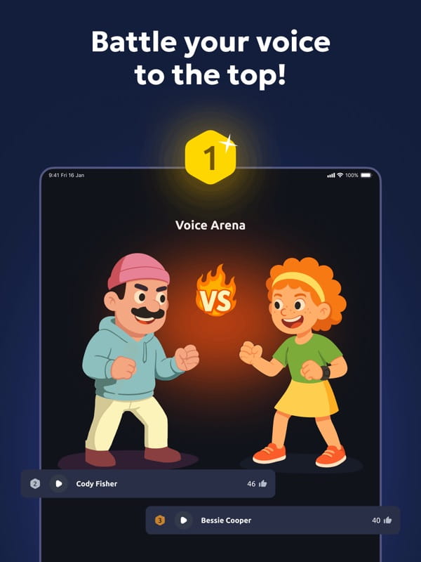Vocal Image's Voice Arena, with two cartoon fighters facing off under the headline "Battle your voice to the top!" and a leaderboard below
