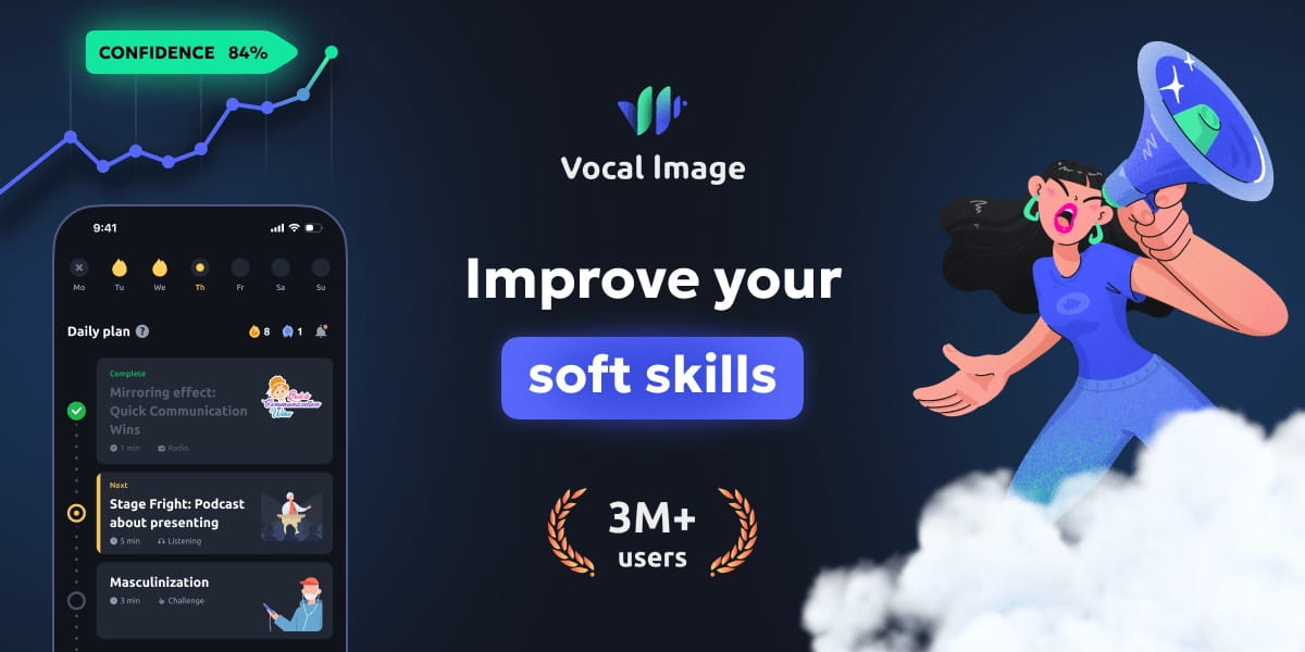 Vocal Image's website banner: the headline "Improve your soft skills" beside a phone with a daily plan that lists a podcast about stage fright