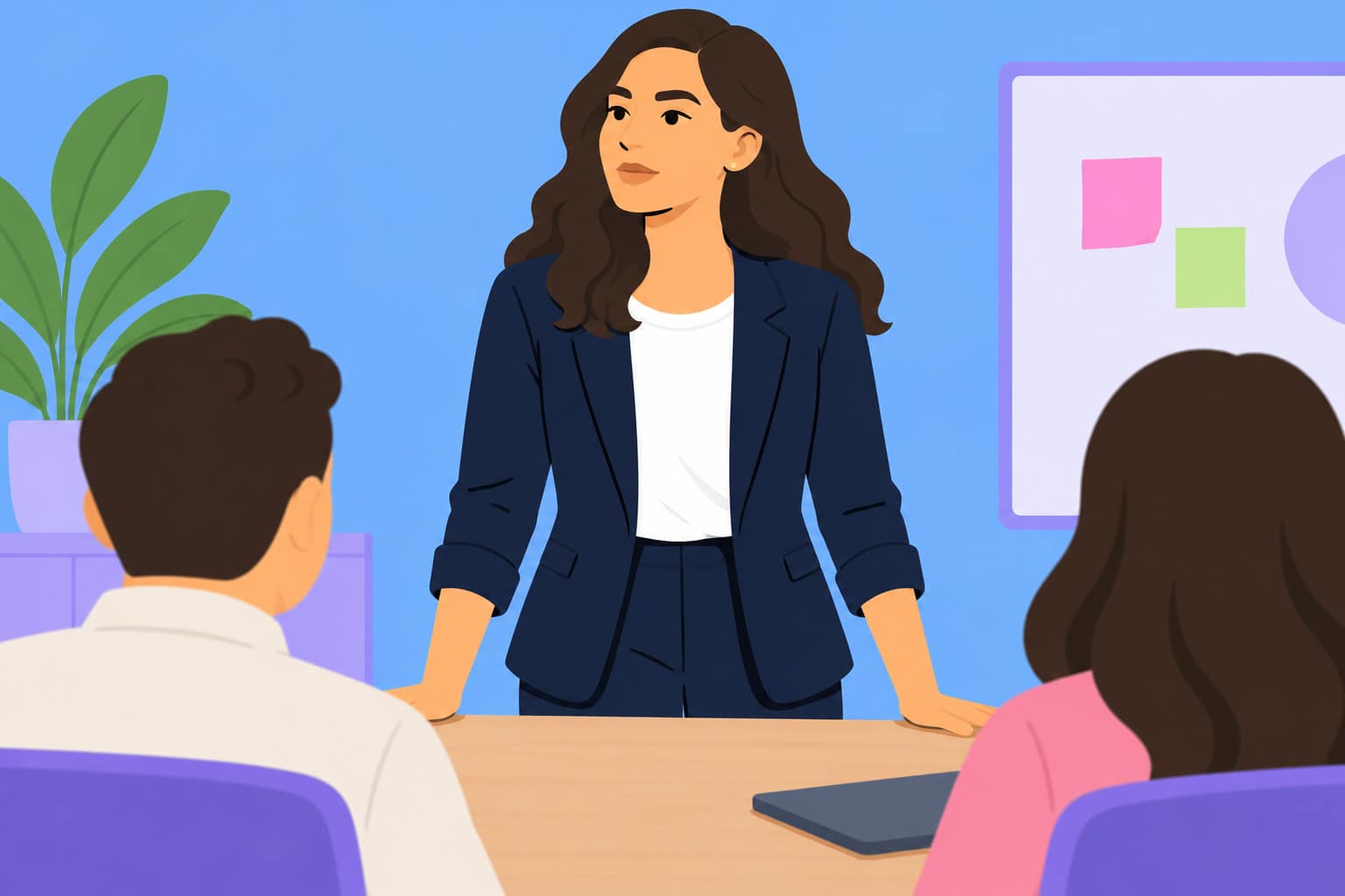 An illustration of a woman leading a meeting while her colleagues listen