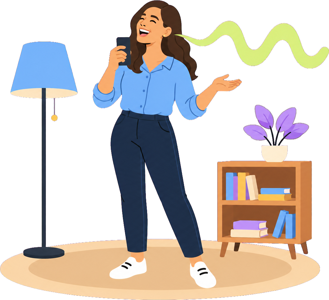 An illustration of a woman standing in her living room, speaking into her phone