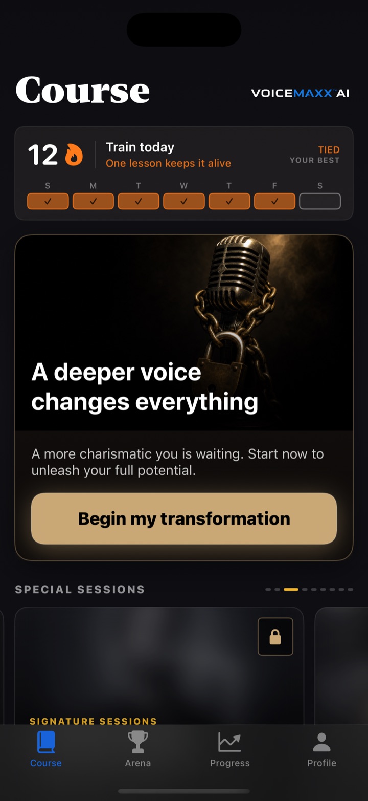 Voicemaxx Course tab: a 12-day training streak and today's session