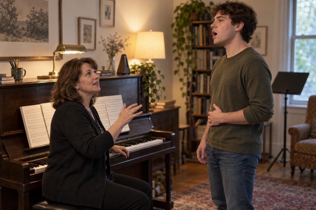 A voice coach at a piano guides a young man, who sings with one hand on his belly to feel his breath