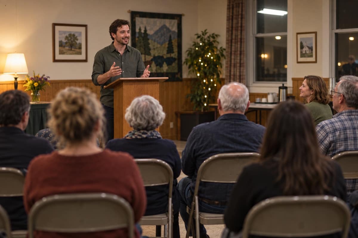 A man speaks from a wooden lectern to a small audience on folding chairs at an evening speaking club