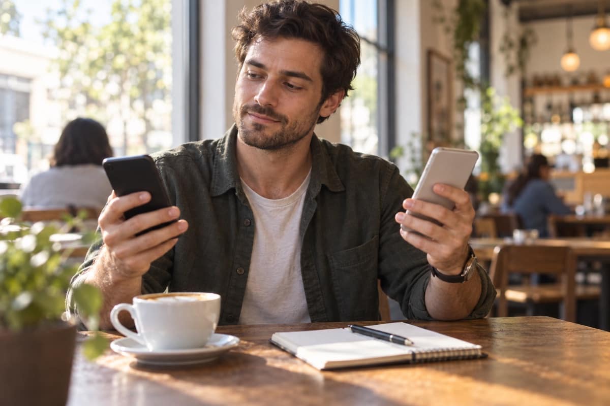 A man at a sunny café table holds a phone in each hand and compares the two screens