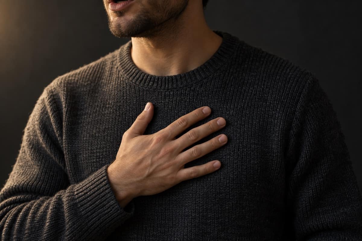 A man resting his open hand on his chest while he speaks