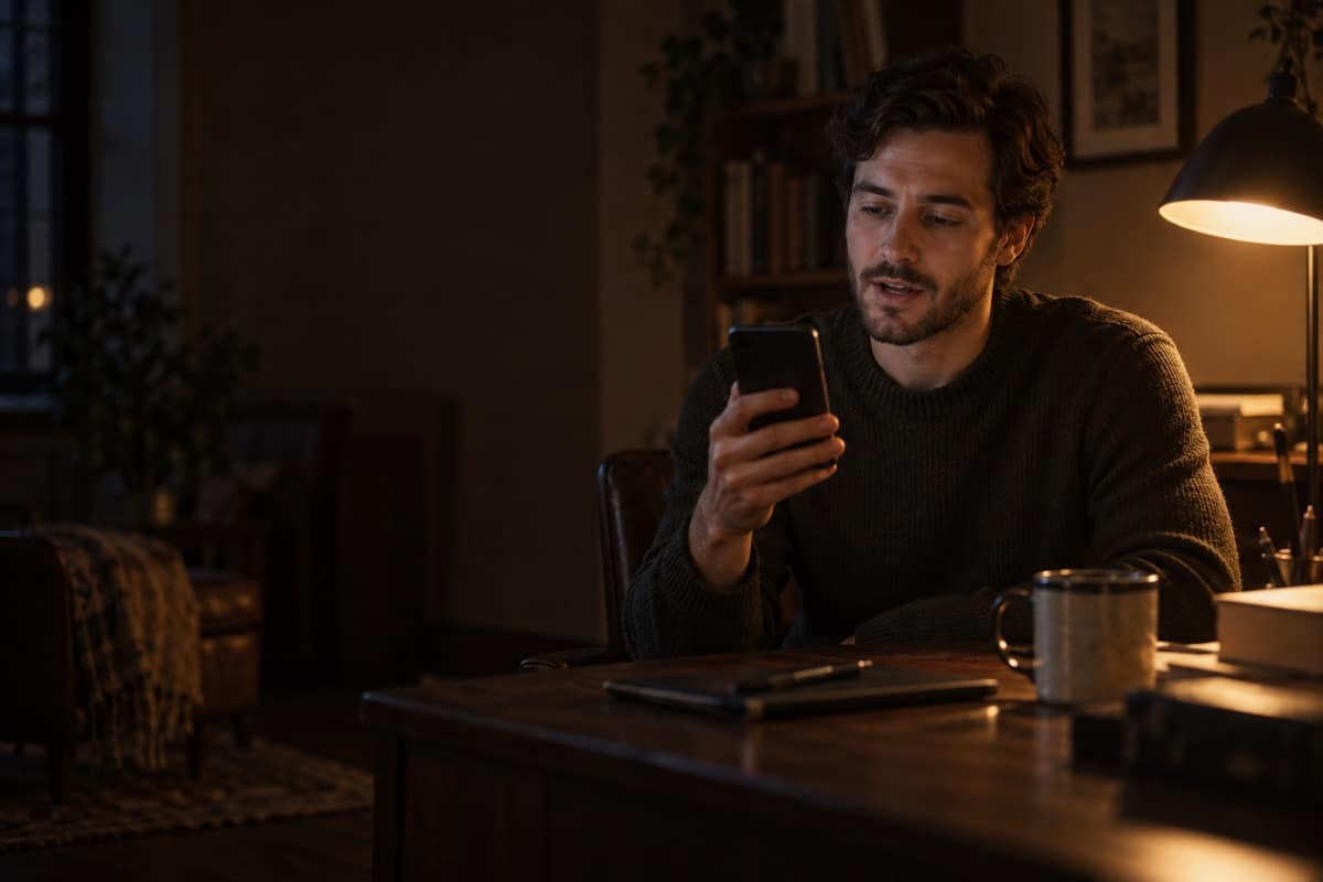 A man reads a short line out loud from his phone at a desk lit by a warm lamp